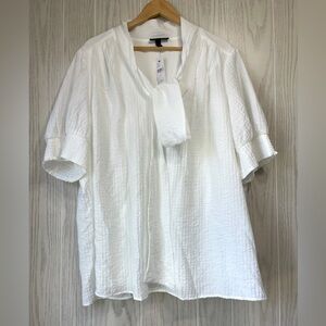 Lane Bryant Crinkle White Tie Neck Button Up Size 28 Women's Blouse Top NWT